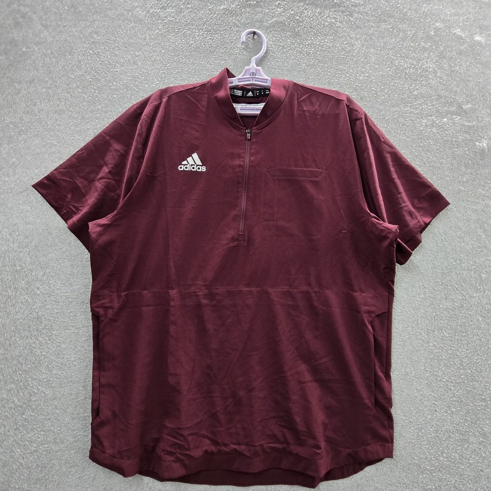 Adidas Men Shirt M Burgundy Icon Quarter Zip Activewear Zipper Short Sleeve